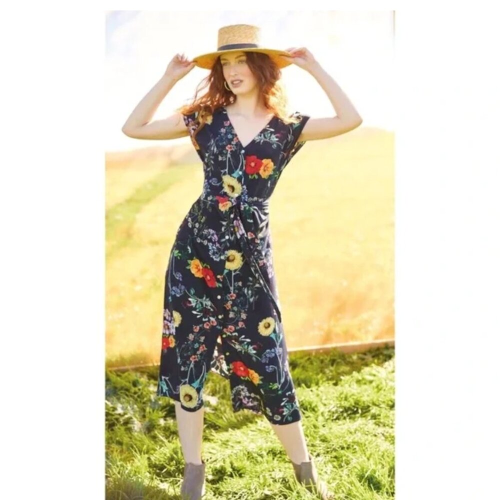 Amour Vert Gracia Provence Floral Sunflowers Flower Belted Washable Silk Dress S